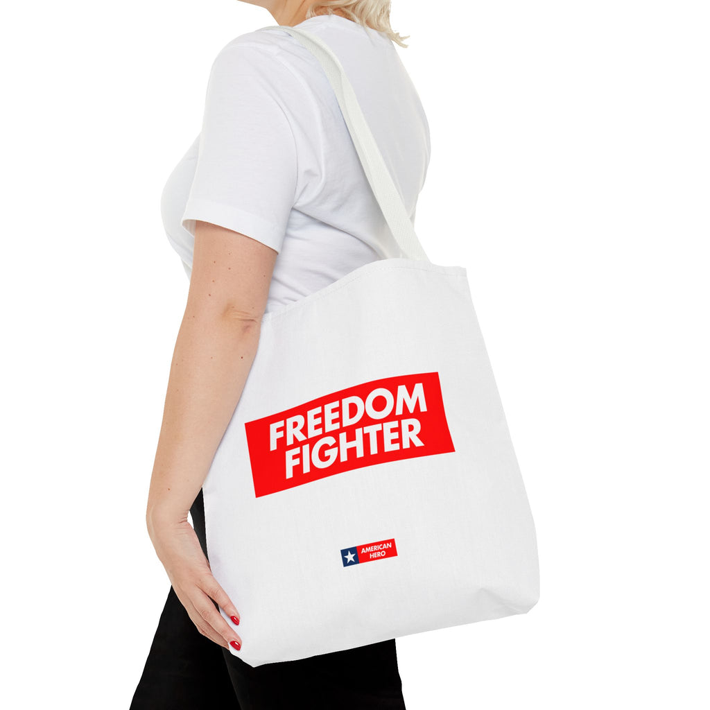 Freedom Fighter Tote Bag — Bold Red Graphic Political Statement Tote