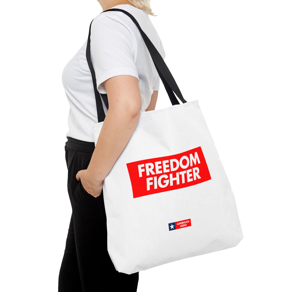 Freedom Fighter Tote Bag — Bold Red Graphic Political Statement Tote