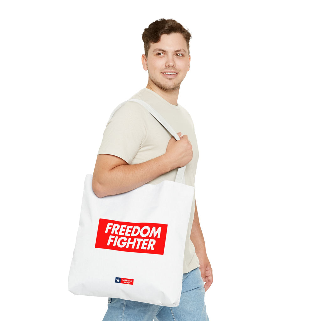 Freedom Fighter Tote Bag — Bold Red Graphic Political Statement Tote