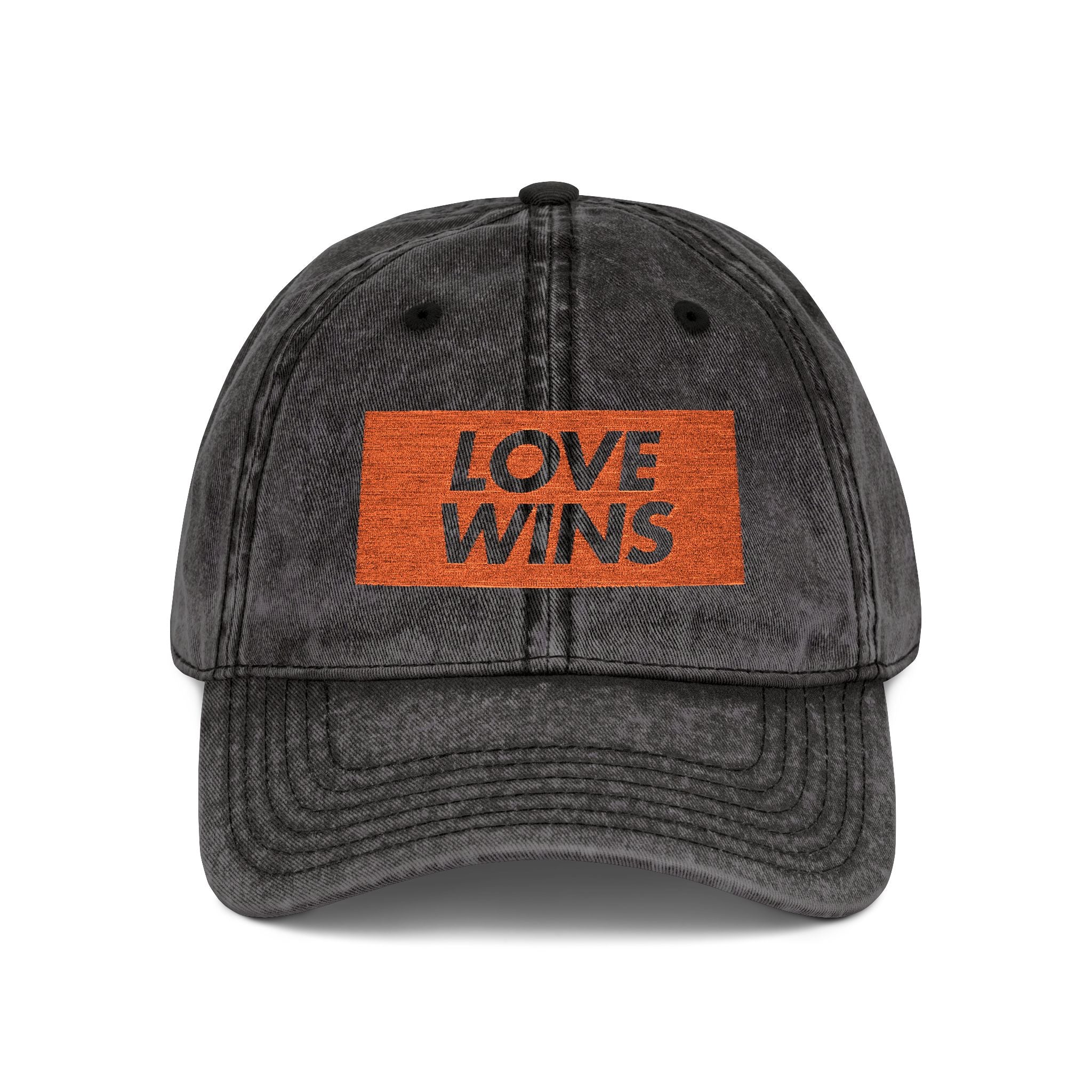 Vintage Embroidered Cap — "LOVE WINS" Washed Black Baseball Hat