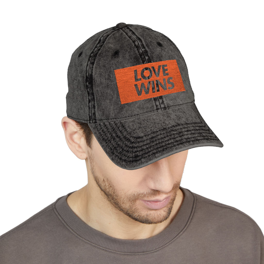 Vintage Embroidered Cap — "LOVE WINS" Washed Black Baseball Hat