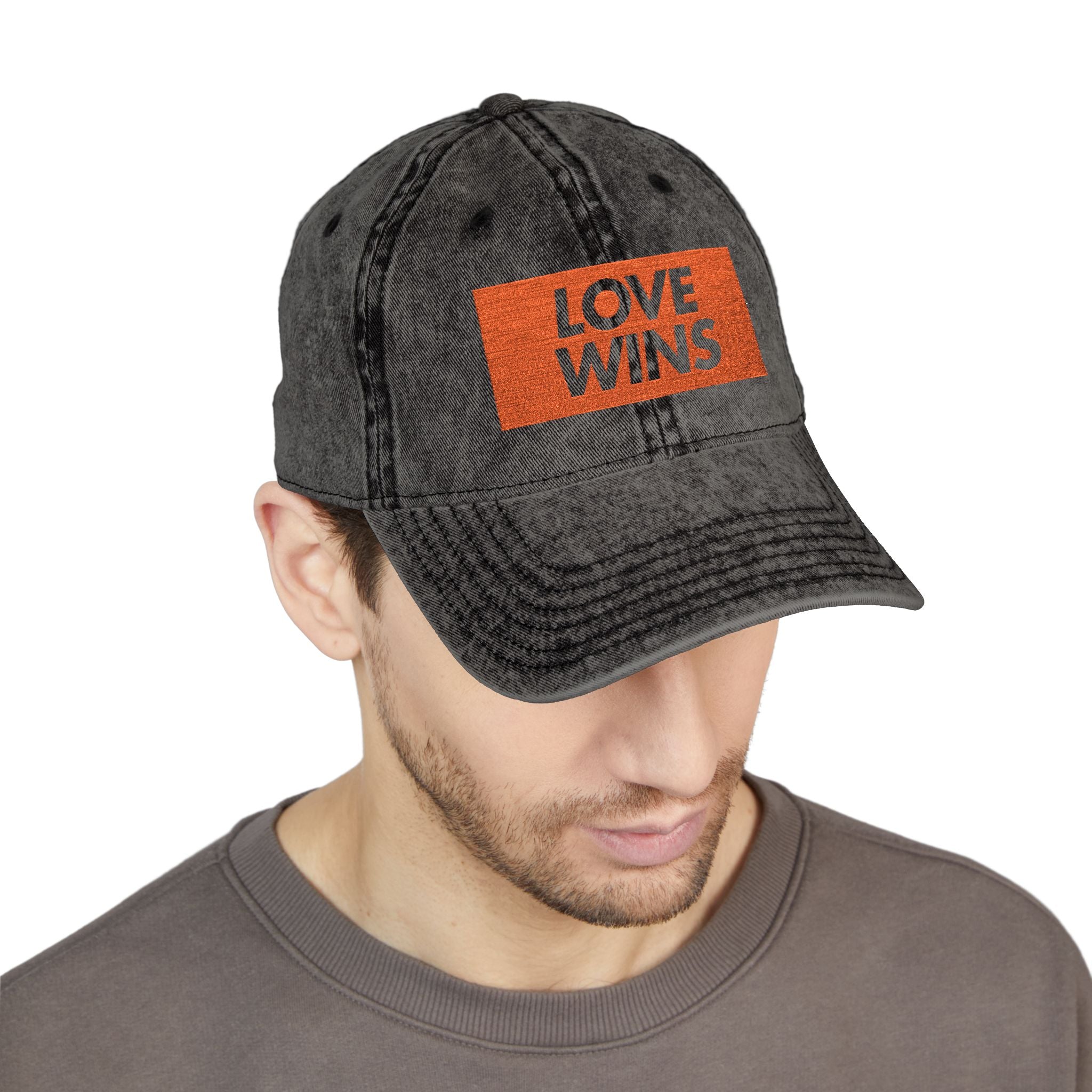 Vintage Embroidered Cap — "LOVE WINS" Washed Black Baseball Hat
