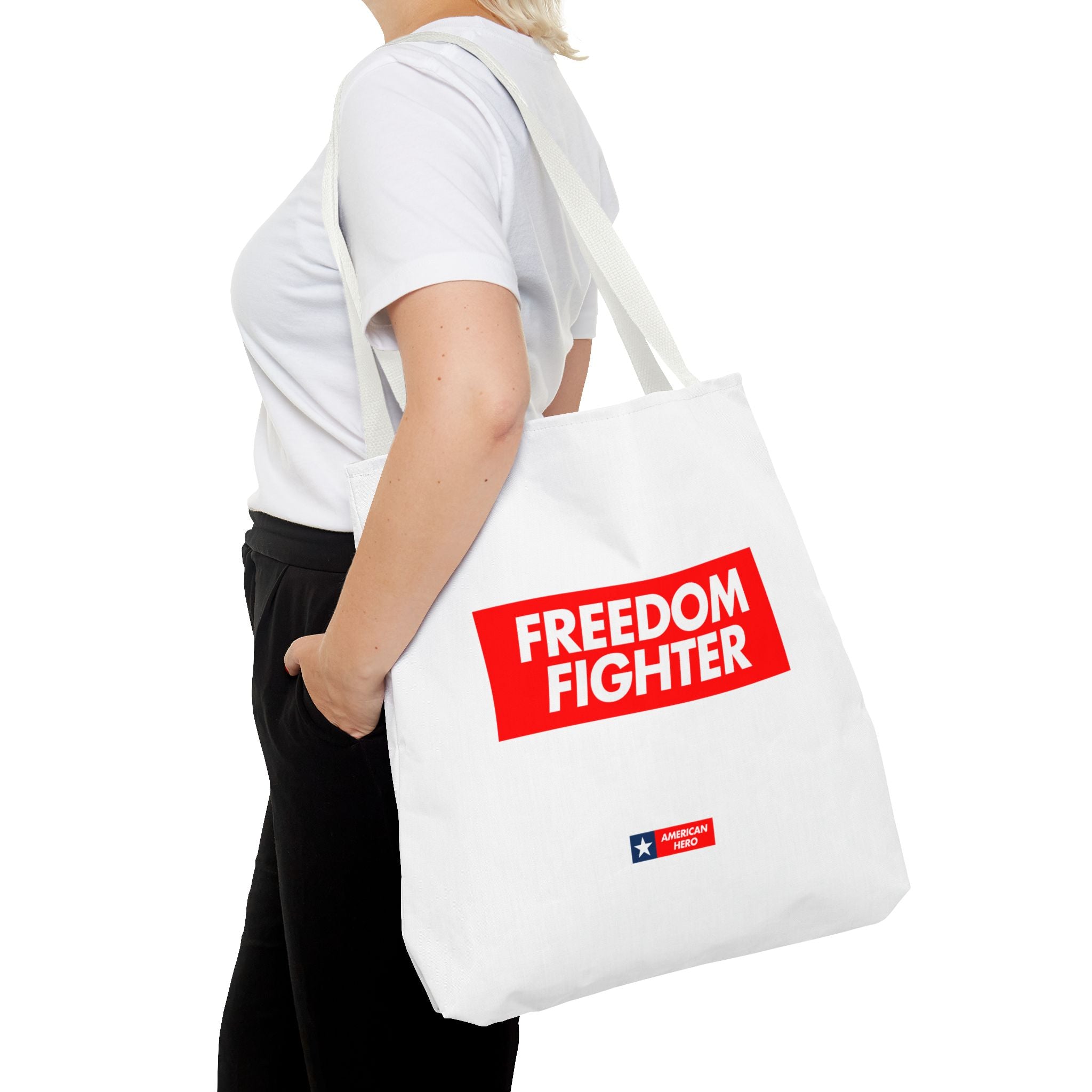 Freedom Fighter Tote Bag — Bold Red Graphic Political Statement Tote