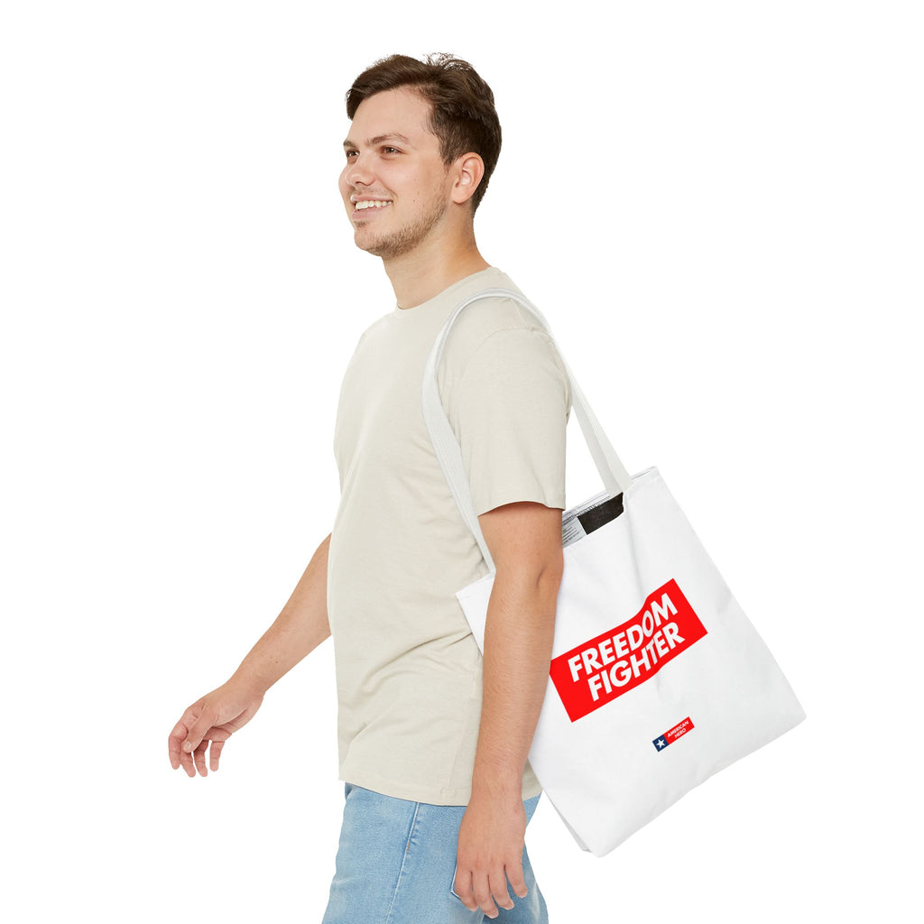 Freedom Fighter Tote Bag — Bold Red Graphic Political Statement Tote