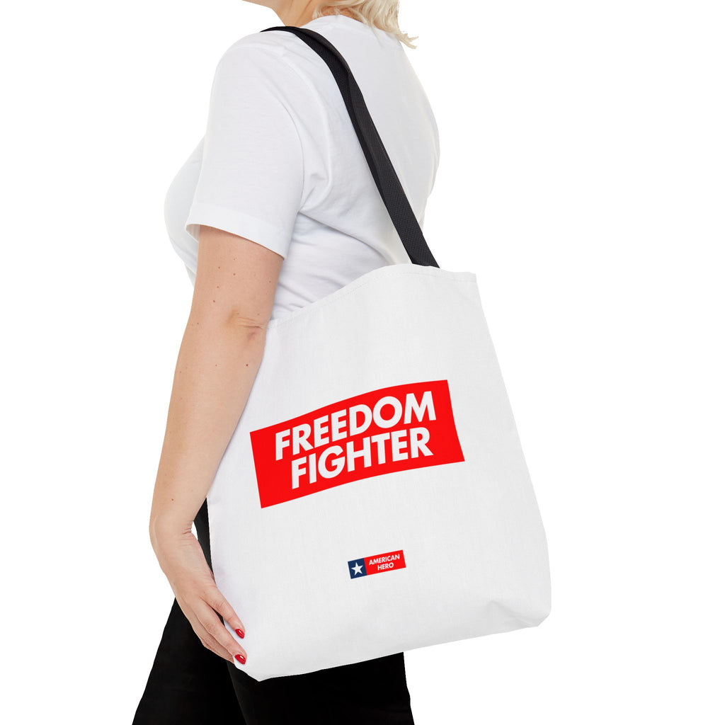 Freedom Fighter Tote Bag — Bold Red Graphic Political Statement Tote