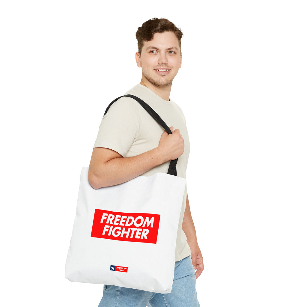 Freedom Fighter Tote Bag — Bold Red Graphic Political Statement Tote