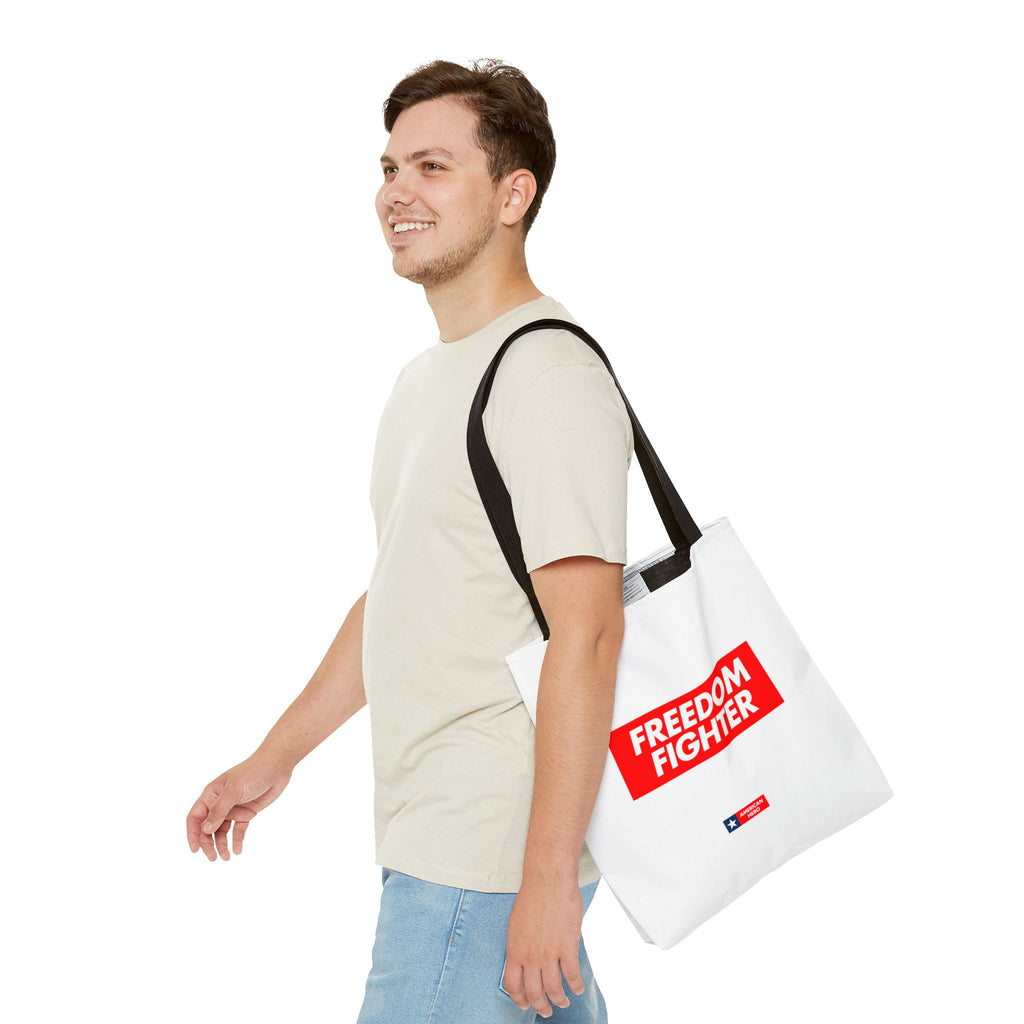 Freedom Fighter Tote Bag — Bold Red Graphic Political Statement Tote