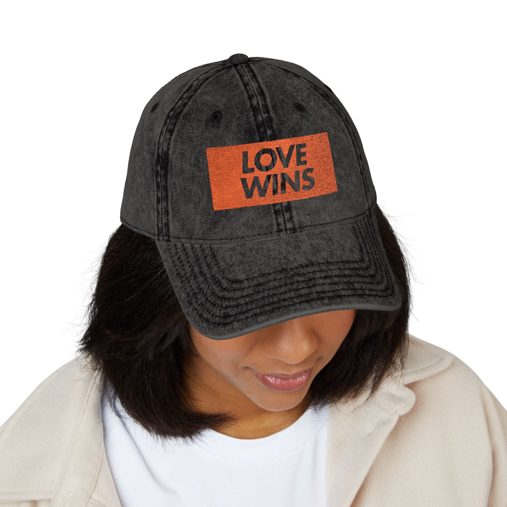 Vintage Embroidered Cap — "LOVE WINS" Washed Black Baseball Hat